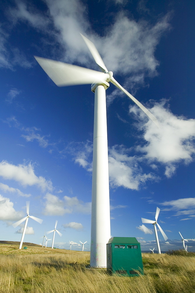 Wind turbines on the moor between Burnley and Hebden Bridge in Lancashire, England, United Kingdom, Europe