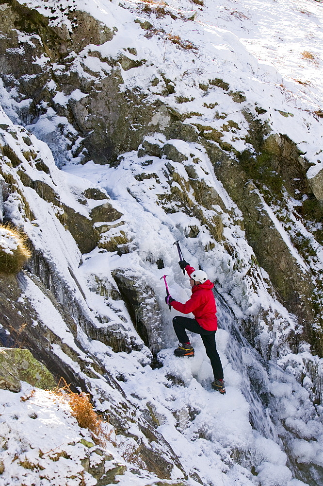 Ice climbing above Dunmail Raise in the Lake District, Cumbria, England, United Kingdom, Europe