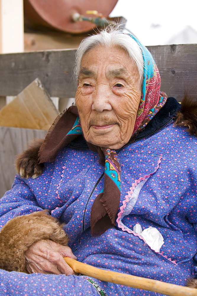 Lola Everson, an Inuit elder on Shishmaref, a tiny island inhabited by around 600 Inuits, between Alaska and Siberia in the Chukchi Sea, United States of America, North America