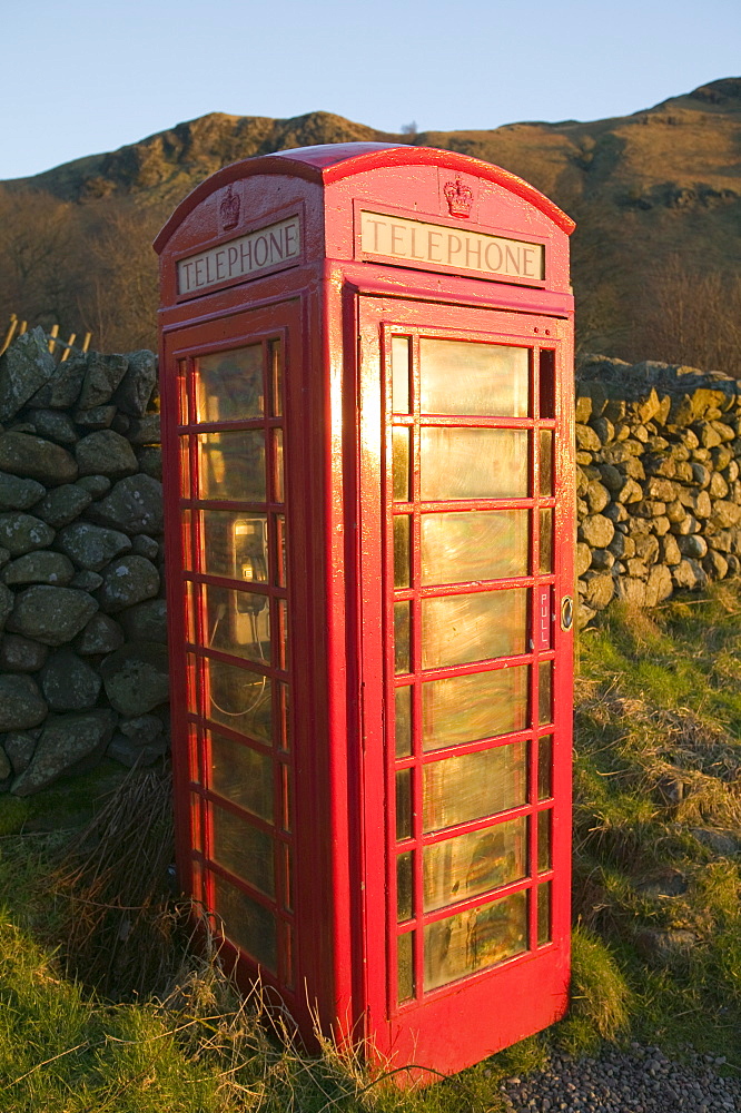 A phone box at Brotherilkeld in Eskdale, Lake District, Cumbria, England, United Kingdom, Europe