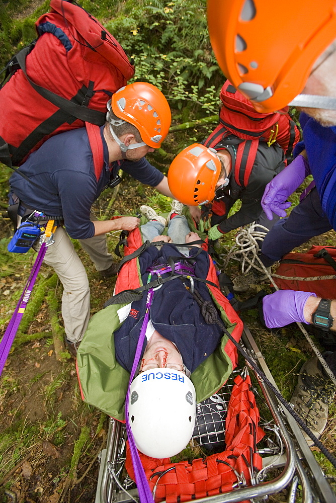 Members of the Langdale Ambleside Mountain Rescue Team treat an injured walker in the Lake District, Cumbria, England, United Kingdom, Europe