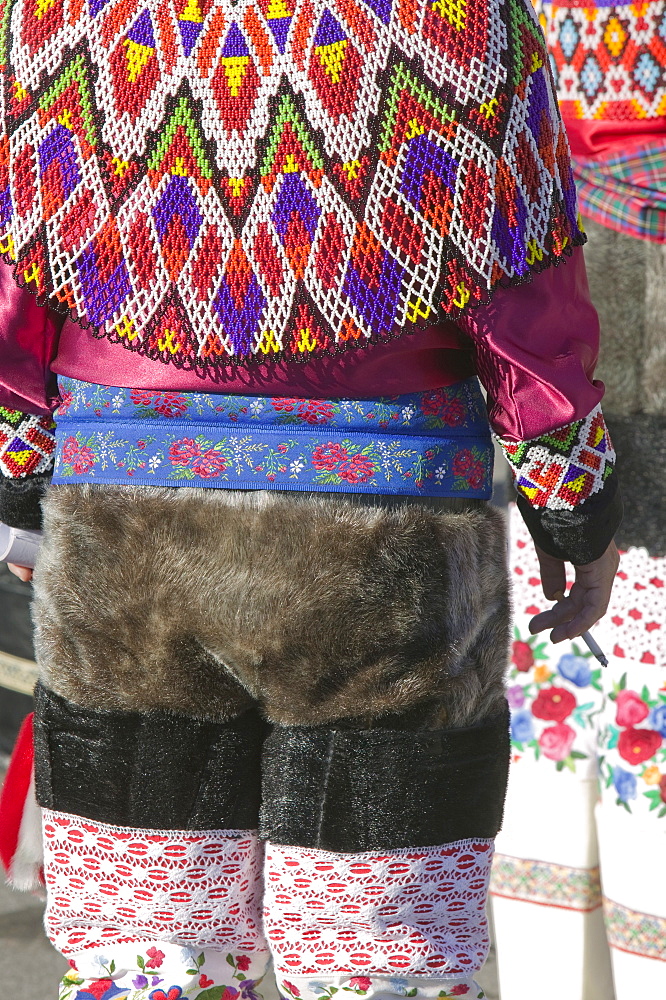 Inuit women wearing traditional Greenlandic national costume (Kalaallisuut) in Ilulissat on Greenland, Polar Regions