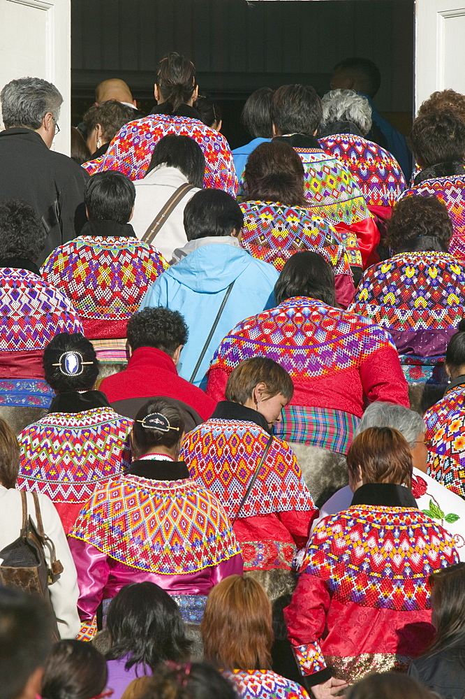 Inuit women wearing traditional Greenlandic national costume (Kalaallisuut) in Ilulissat on Greenland, Polar Regions