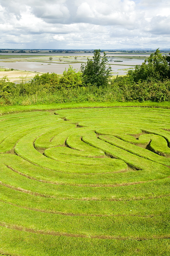 Julians Bower, an ancient maze near The Breach at Alkborough created in the sea defences to allow sea water to flood agricultural land and create a wetland for wildlife, Humber Estuary, Humberside, England, United Kingdom, Europe