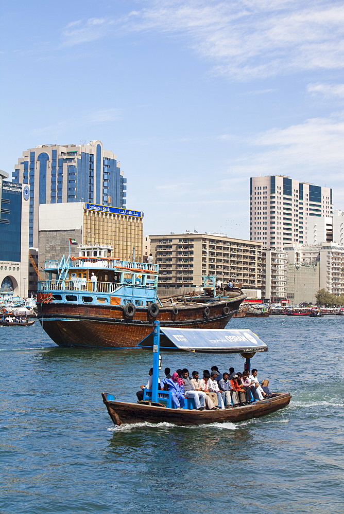 Dhows and water taxis on the Dubai Creek in Dubai, United Arab Emirates, Middle East