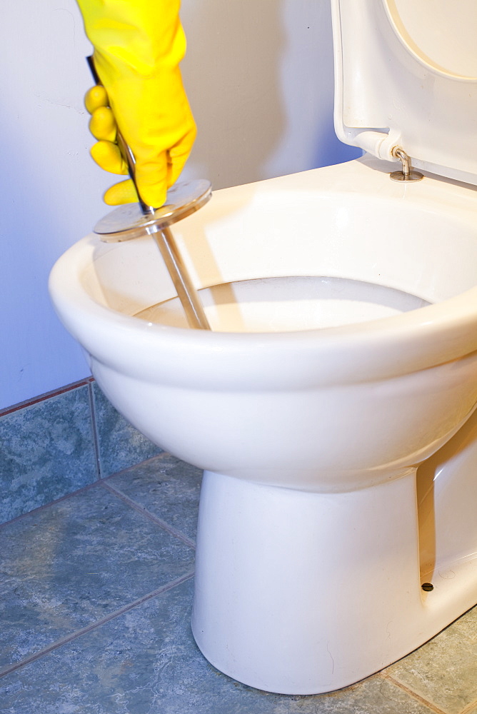 Cleaning a household domestic toilet with a toilet cleaning brush