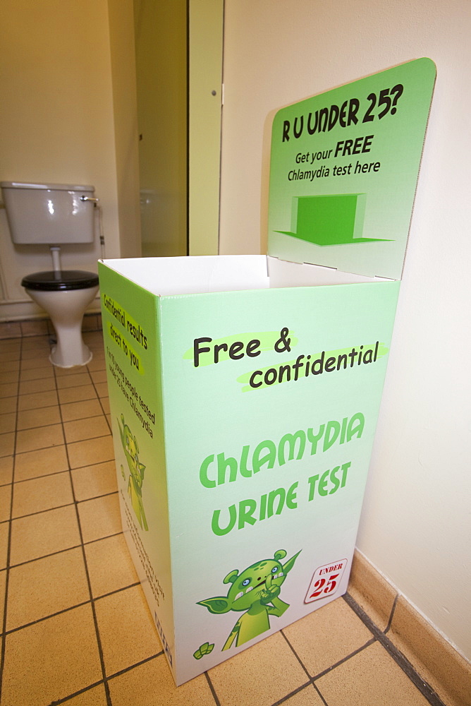 A Chlamydia self testing kit in the toilets of The University of Cumbria campus in Ambleside, Cumbria, England, United Kingdom, Europe