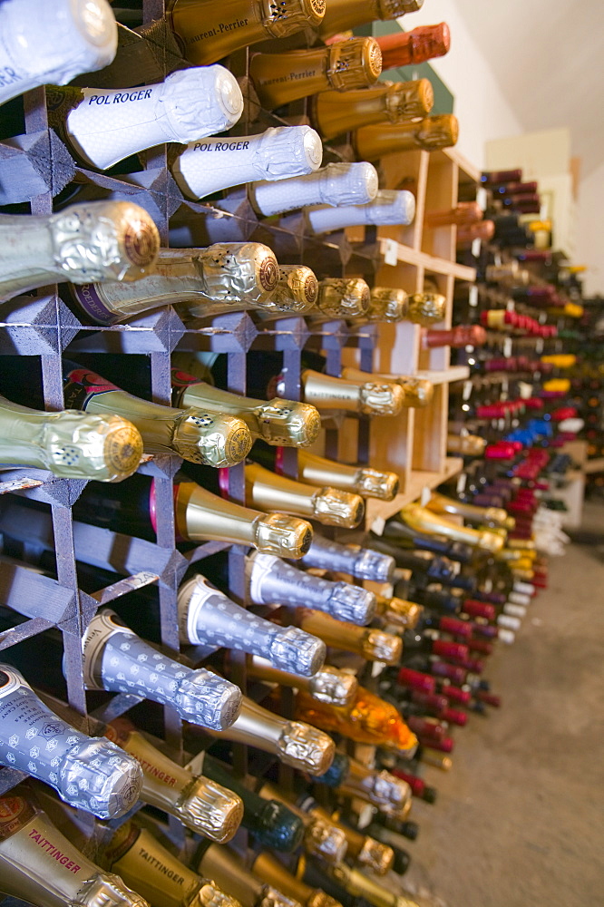 Champagne bottles in Storrs Hall Hotel wine cellar in Windermere, Cumbria, England, United Kingdom, Europe