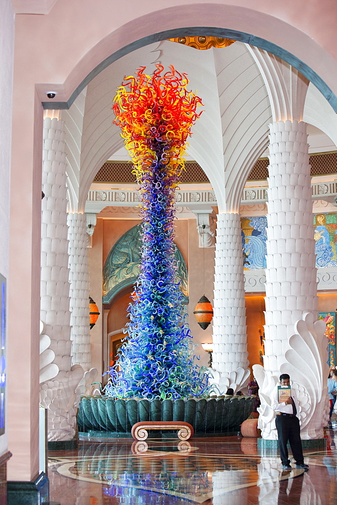 A massive glass art installation in the foyer of the hyper luxurious Atlantis on the Palm hotel in Dubai, United Arab Emirates, Middle East