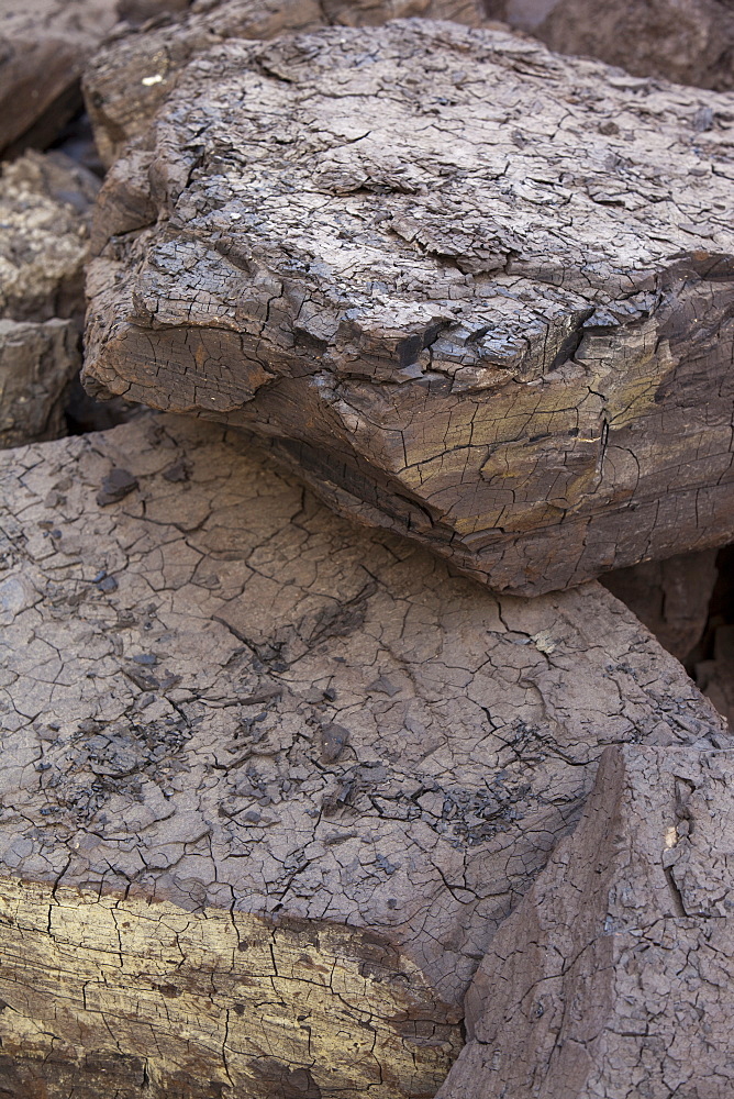 Piles of low grade coal from an open cast coal mine near Heihe, Northern China, Asia