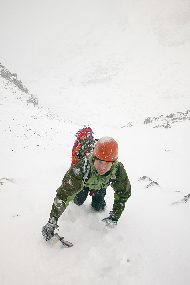 Climber in the Great Stone Shoot on Sgurr Alasdair on the Cuillin Ridge, Isle of Skye, Scotland, United Kingdom, Europe