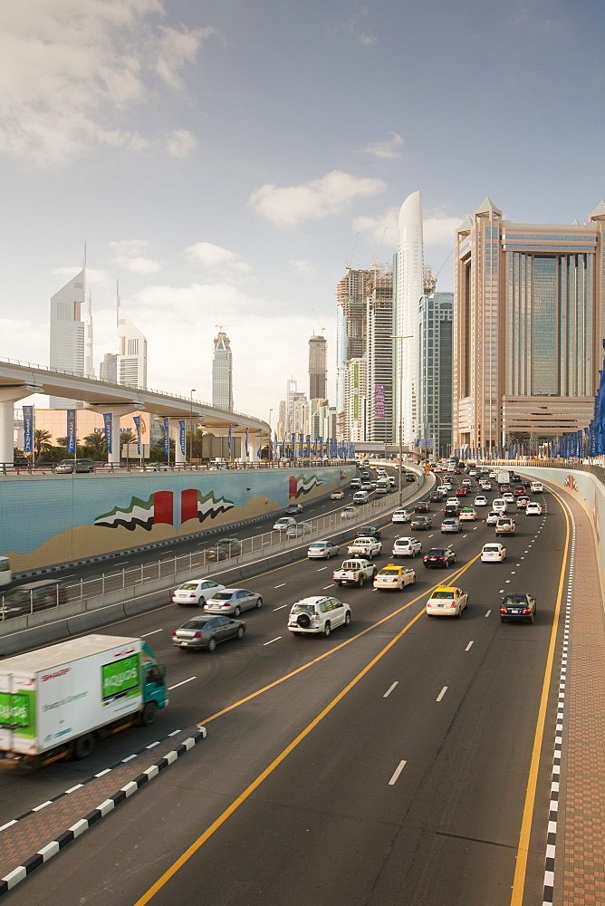 Cars on the main thoroughfare in Dubai, United Arab Emirates, Middle East