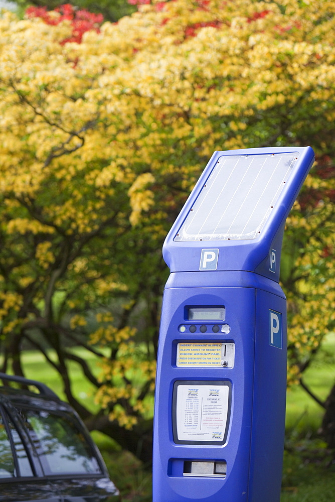 A solar powered parking meter in the Grounds of the University of Cumbria, Ambleside Campus, Cumbria, England, United Kingdom, Europe