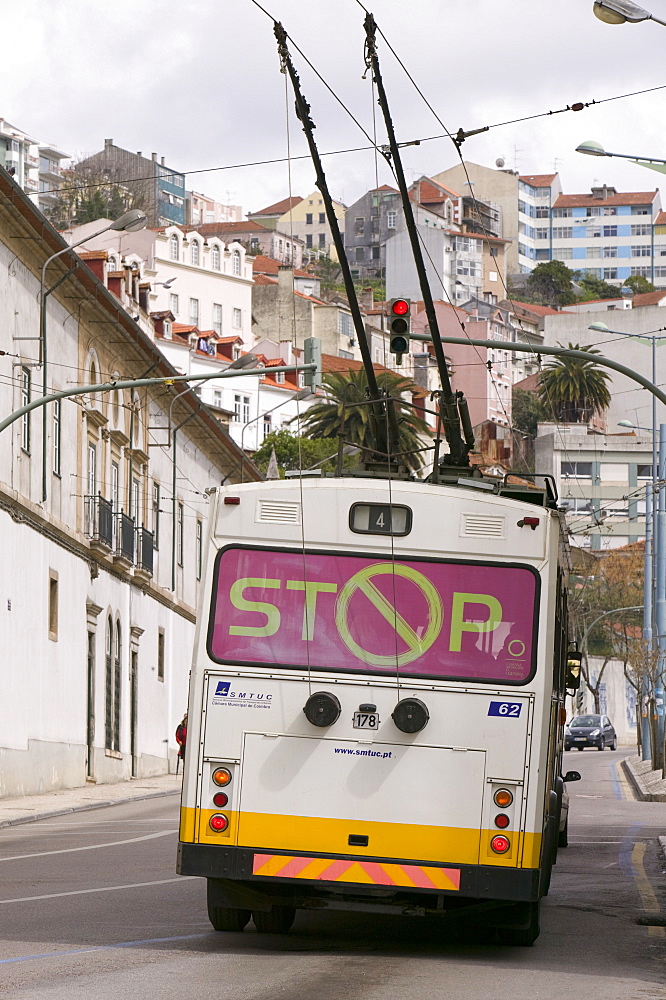 An electric trolley bus in the ancient university town of Coimbra in Portugal, Europe