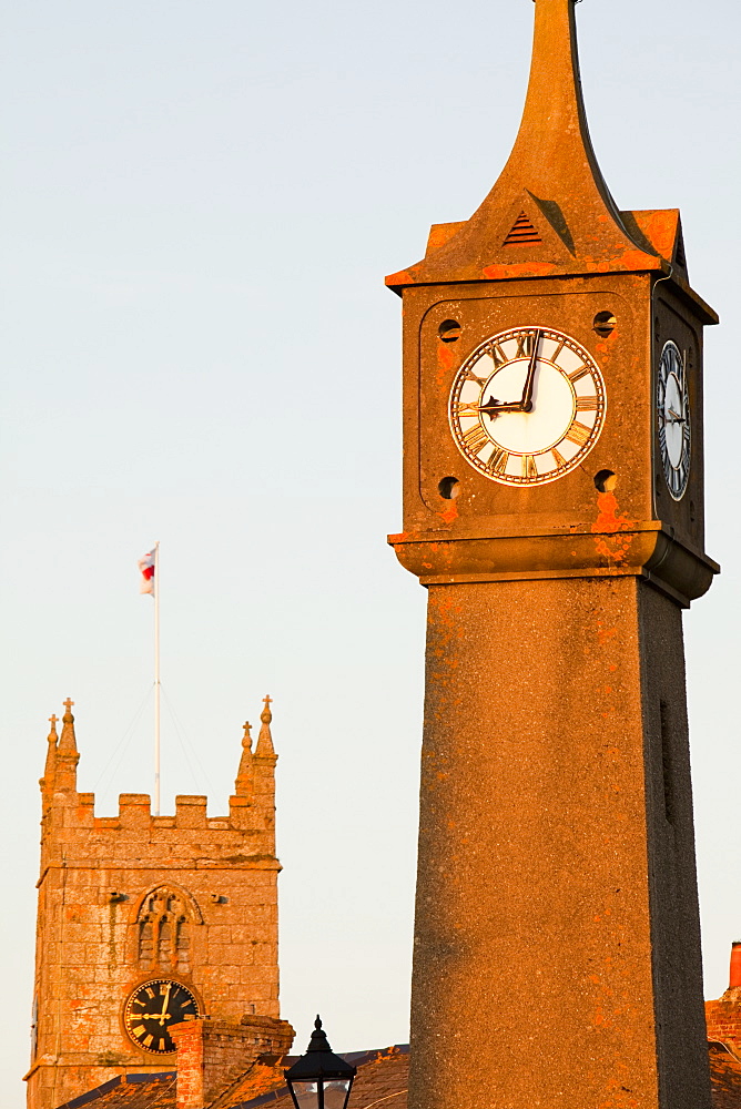 A clock tower and church in St. Just, Cornwall, England, United Kingdom, Europe