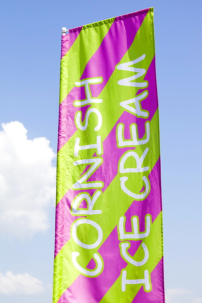 A Cornish ice cream banner in Sennen Cove, Cornwall, England, United Kingdom, Europe