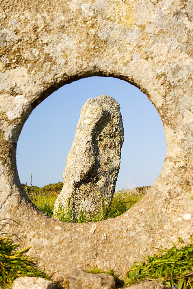 The famous Men an Tol stone near St. Just, a late Neolithic monument in Cornwall, England, United Kingdom, Europe