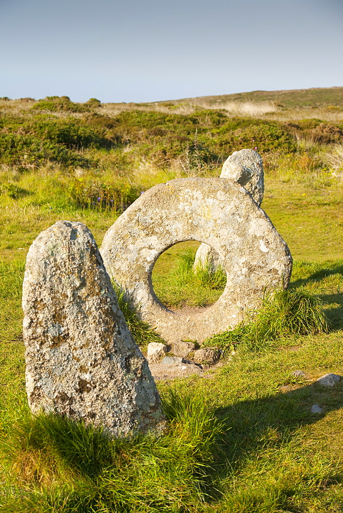 The famous Men an Tol stone near St. Just, a late Neolithic monument in Cornwall, England, United Kingdom, Europe