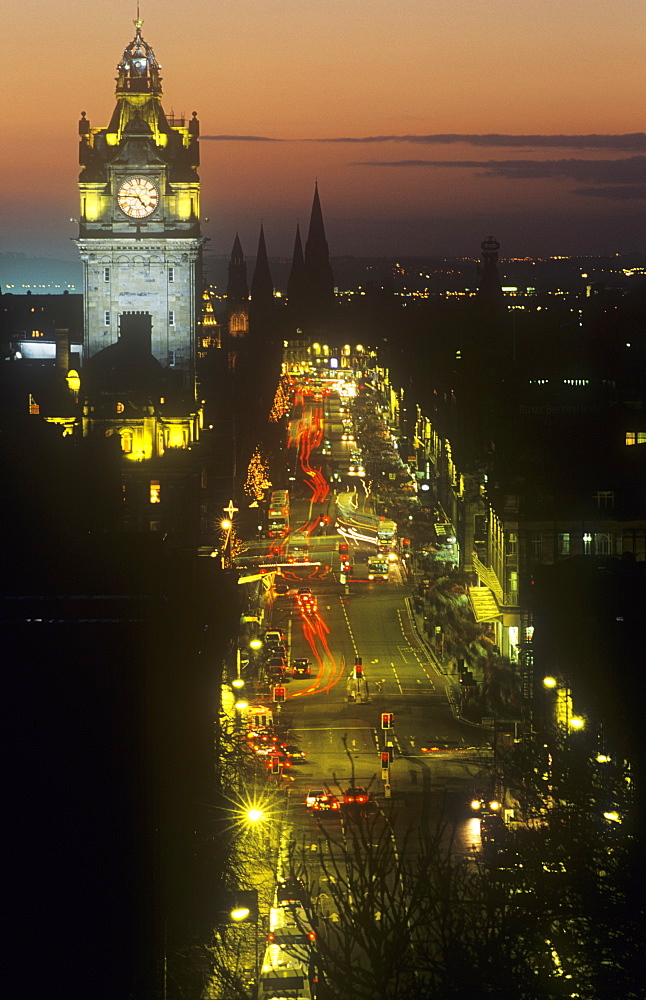 Princes Street at dusk, Edinburgh, Scotland, United Kingdom, Europe