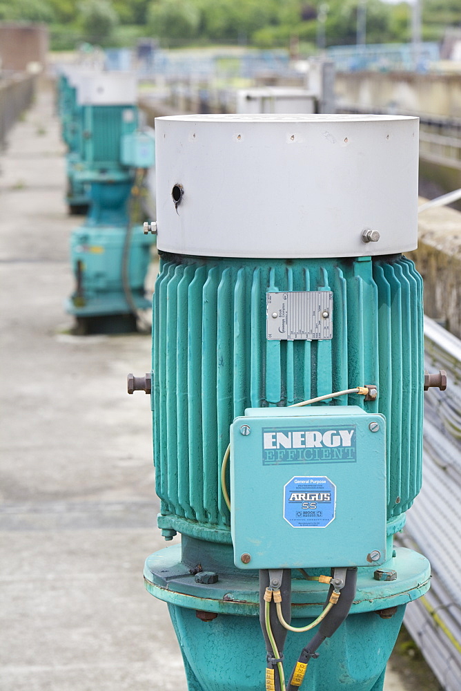 The motors that drive the oxygenating rotorsr at Daveyhulme waste water treatment works in Manchester, England, United Kingdom, Europe