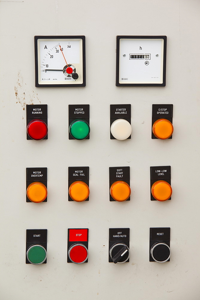 A control panel at Daveyhulme wastewater treatment plant in Manchester, England, United Kingdom, Europe