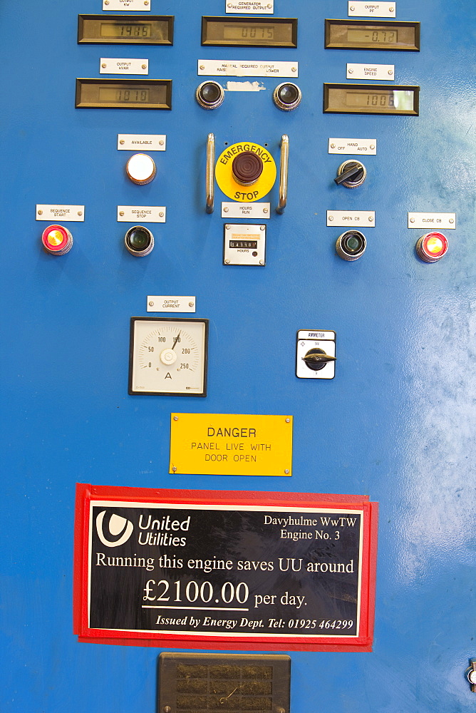 A control panel for the biogas boilers at Daveyhulme wastewater treatment plant in Manchester, England, United Kingdom, Europe