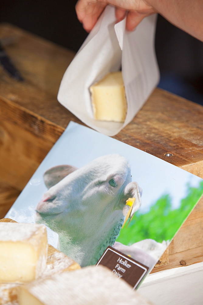 Ewes milk cheese made on Holker Farm Dairy in South Cumbria, for sale on a farmers market in Kendal, Cumbria, England, United Kingdom, Europe