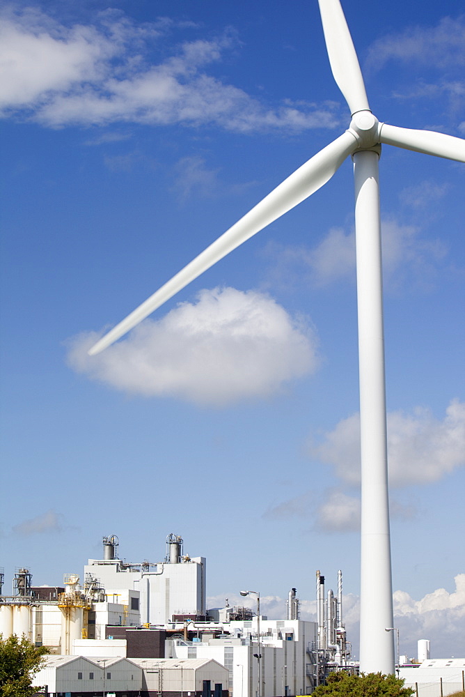 A 2 MW wind turbine producing renewable electricity in the grounds of the Eastman factory on the outskirts of Workington, Cumbria, England, United Kingdom, Europe