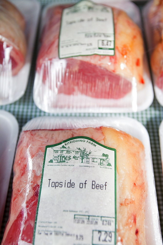 Locally produced beef from Kitridding farm in Kirkby Lonsdale on a farmers market in Kendal, Cumbria, England, United Kingdom, Europe