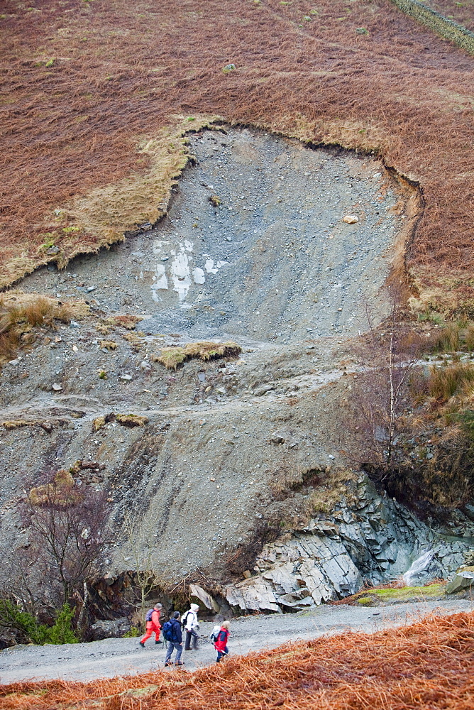 A landslide in the Copper Mines Valley caused by saturated ground during the November 2009 floods, Coniston, Lake District, Cumbria, England, United Kingdom, Europe