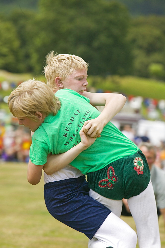 Children Cumberland Wrestling at Ambleside Sports, Lake District, Cumbria, England, United Kingdom, Europe