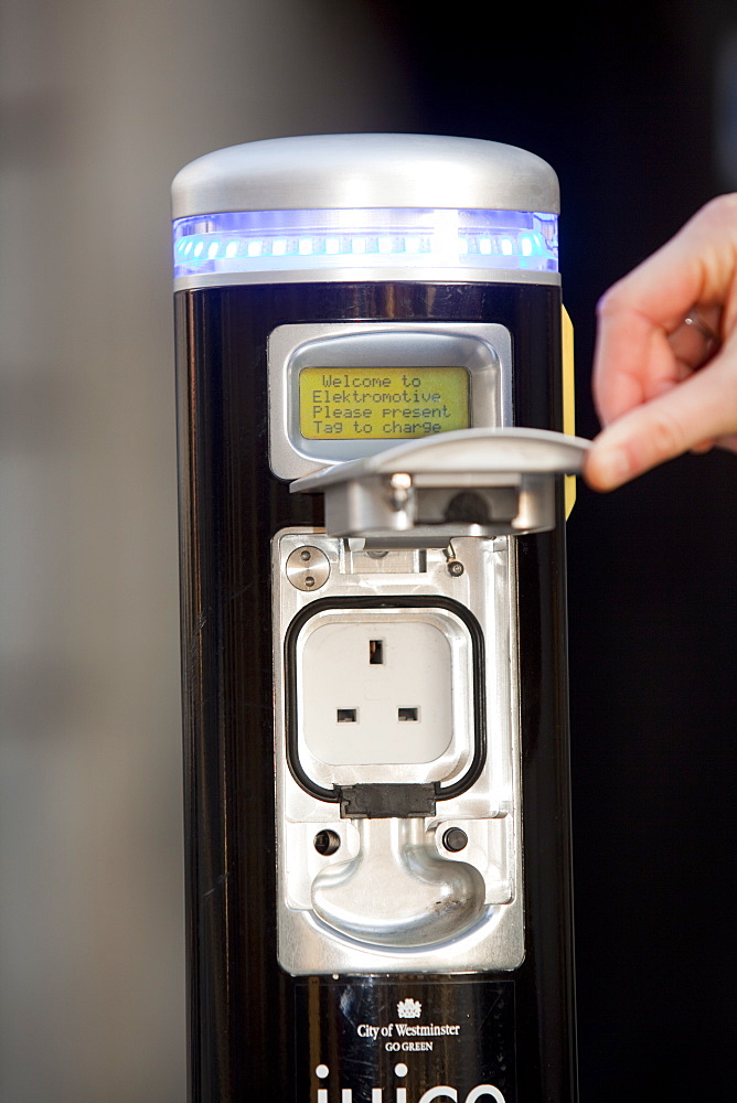 An electric vehicle recharging Juice Point in Westminster, London, England, United Kingdom, Europe