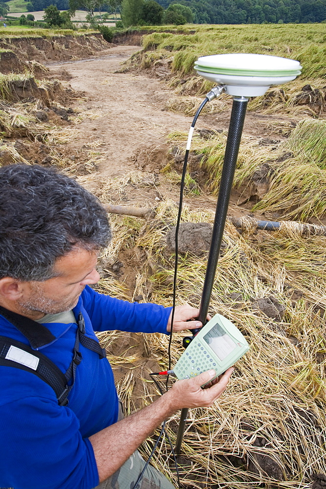 A differential GPS being used in real time kinematic survey, to survey the extent of the Durham canyon flooding feature, County Durham, England, United Kingdom, Europe