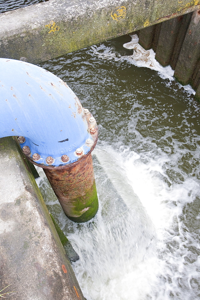 A pumping station at Talacre on the North Wales coast keeping the reclaimed salt marsh dry by pumping, Wales, United Kingdom, Europe