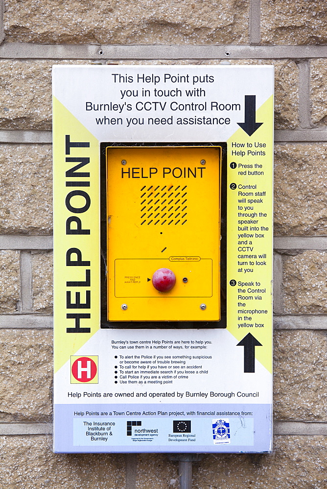 A help point linked to CCTV surveillance in Burnley, Lancashire, England, United Kingdom, Europe