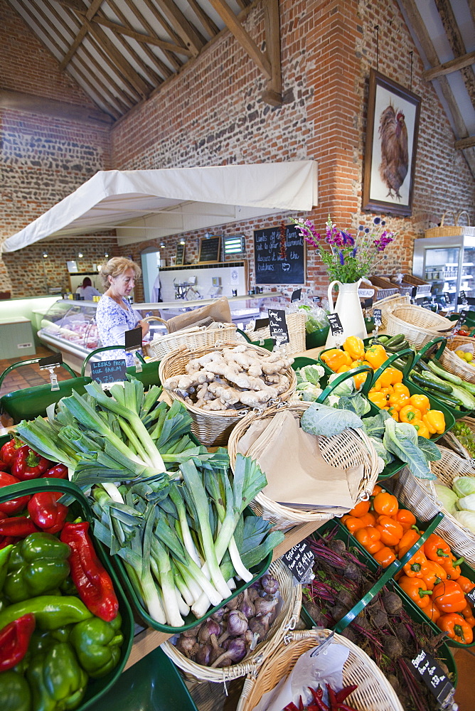 Home grown produce for sale at a farm shop in an old barn on a farm near Holt, Norfolk, England, United Kingdom, Europe