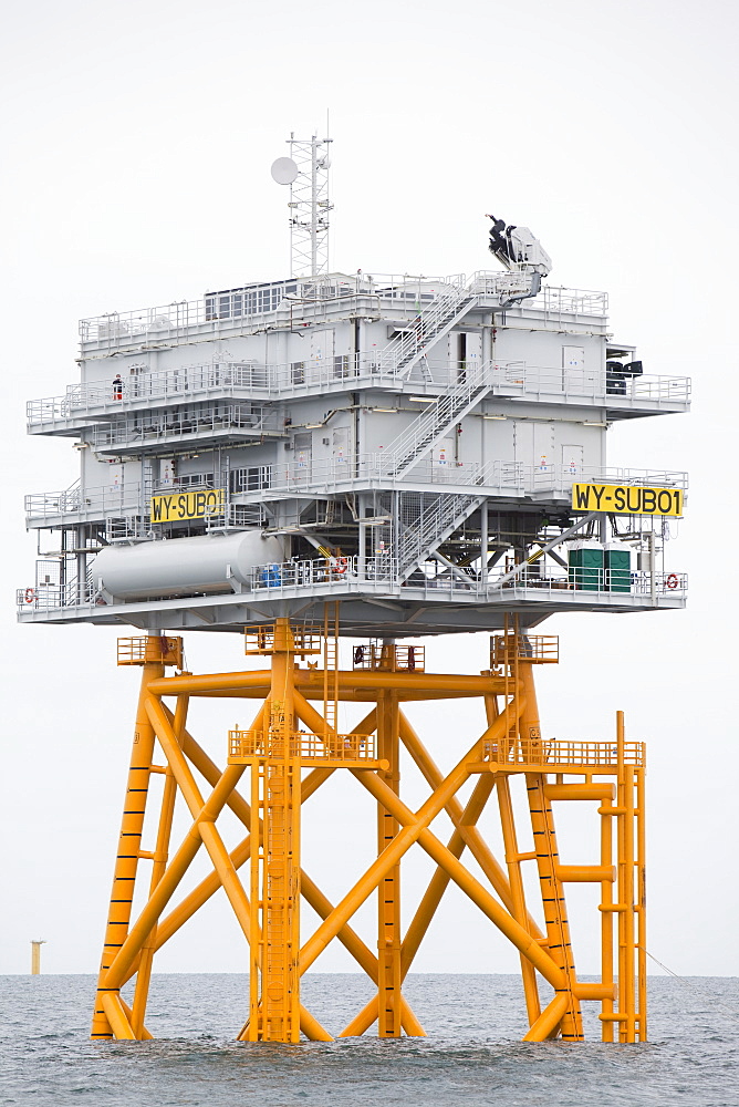 The transformer substation that connects all the electric cable from each turbine, before sending the electricity ashore, Walney Offshore Wind Farm, Barrow in Furness, Cumbria, England, United Kingdom, Europe