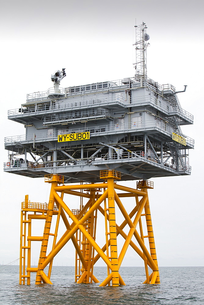 The transformer substation that connects all the electric cable from each turbine, before sending the electricity ashore, Walney Offshore Wind Farm, Barrow in Furness, Cumbria, England, United Kingdom, Europe