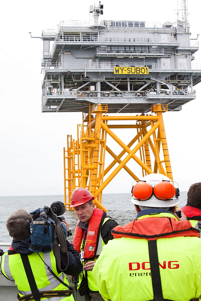 The transformer substation that connects all the electric cable from each turbine, before sending the electricity ashore, Walney Offshore Wind Farm, Barrow in Furness, Cumbria, England, United Kingdom, Europe