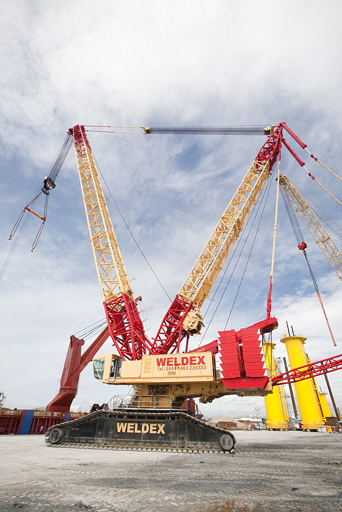 Transition pieces on the quayside for the Walney Offshore Windfarm project, located 15km off Barrow in Furness in Cumbria, England, United Kingdom, Europe