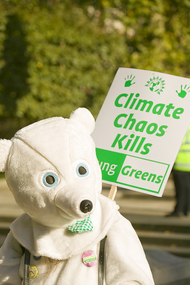 A protester dressed as a Polar Bear at the I Count climate change rally in London, England, United Kingdom, Europe