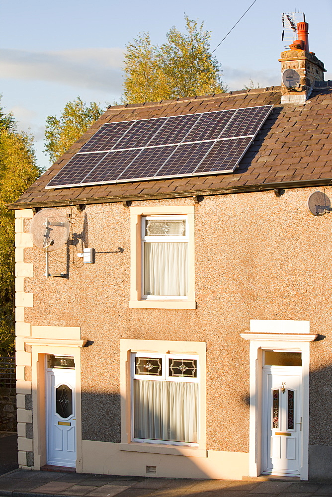 Solar panels on the roof of a terraced house in Clitheroe, Lancashire, England, United Kingdom, Europe