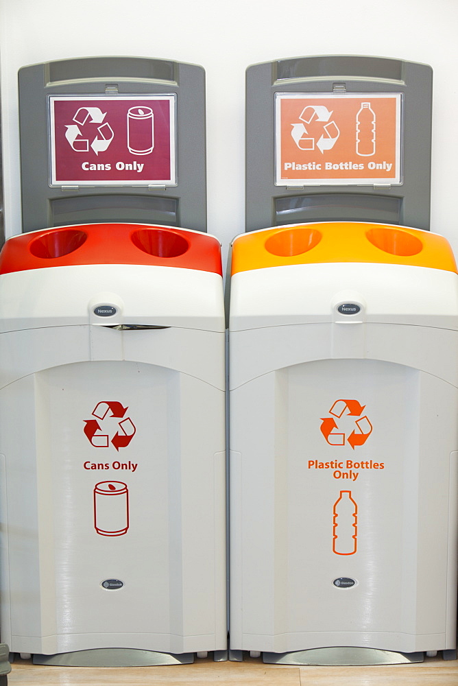 Recycling bins in the cafe at Kendal College, Cumbria, England, United Kingdom, Europe