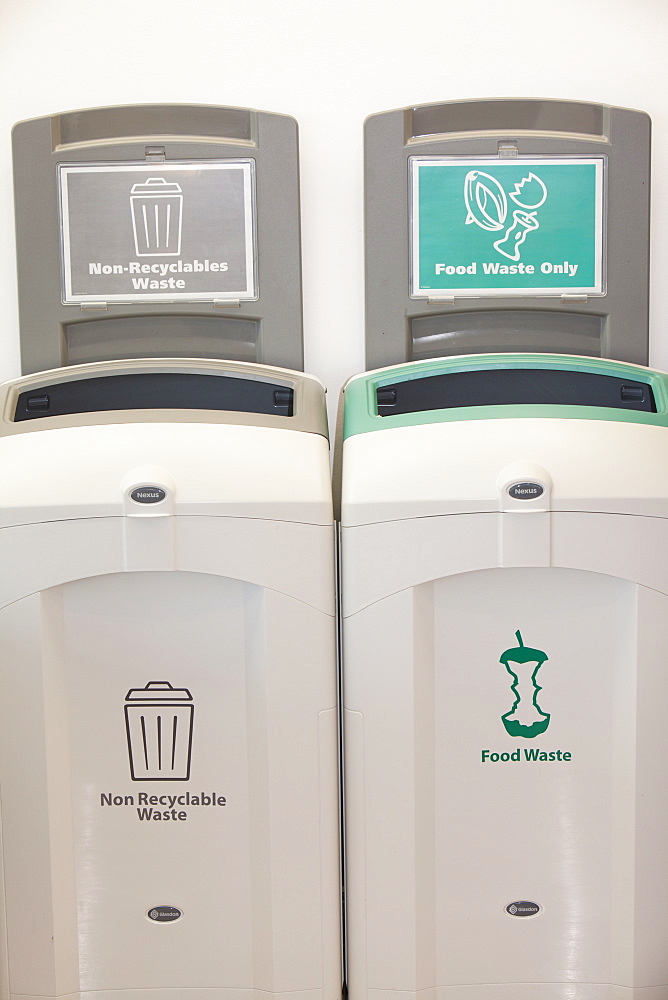 Recycling bins in the cafe at Kendal College, Cumbria, England, United Kingdom, Europe