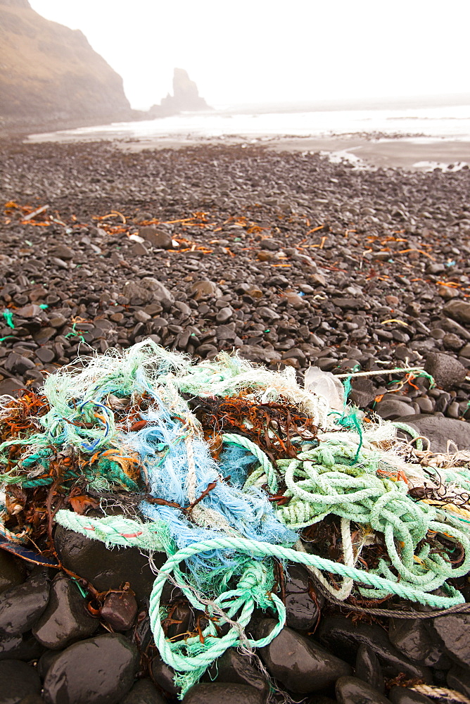 Plastic debris washed ashore at Talisker Bay on the Isle of Skye, Scotland, United Kingdom, Europe