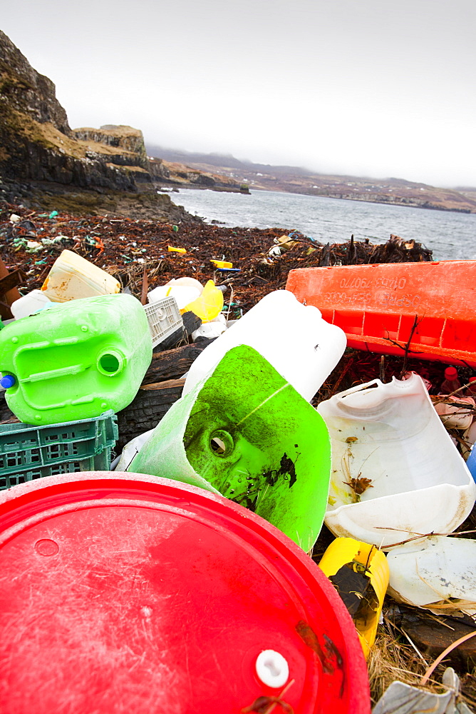 Plastic debris washed ashore at Ardtreck Bay on the Isle of Skye, Scotland, United Kingdom, Europe