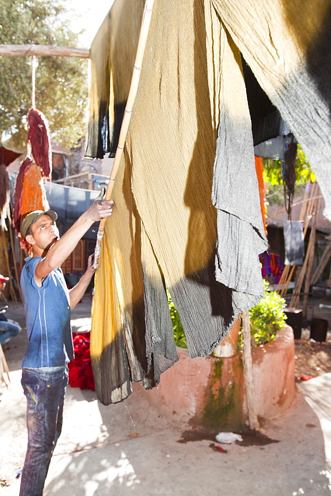 Cloth hanging up to dry in the dyers souk in Marrakech, Morocco, North Africa, Africa