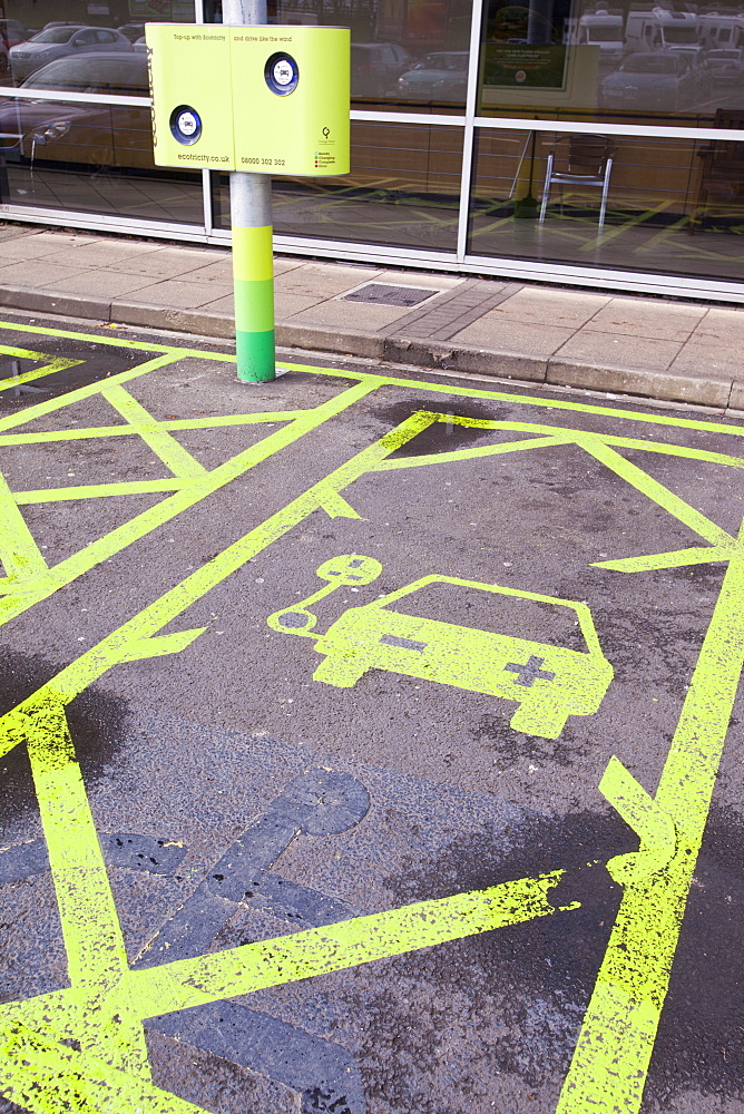 An electric car recharging station at the Charnock Richard M6 motorway service station, Lancashire, England, United Kingdom, Europe