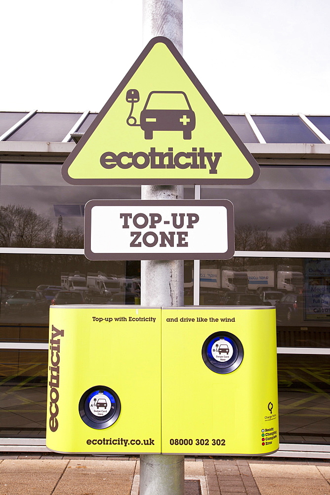 An electric car recharging station at the Charnock Richard M6 motorway service station, Lancashire, England, United Kingdom, Europe