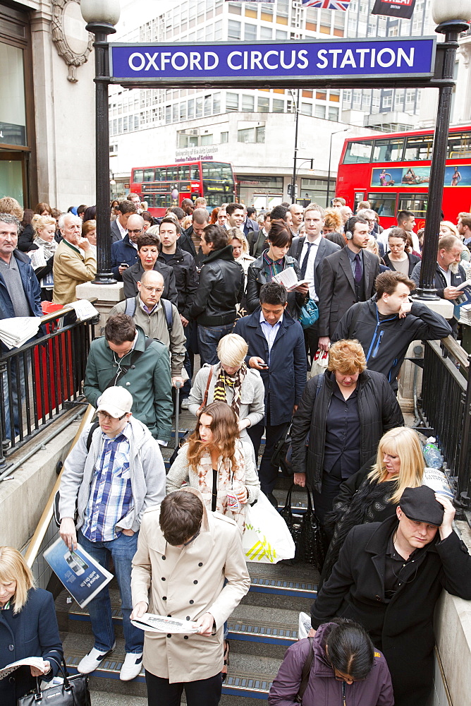 Passengers queueing to get into Oxford Circus tube station, closed due to the high volume of passengers at rush hour, London, England, United Kingdom, Europe